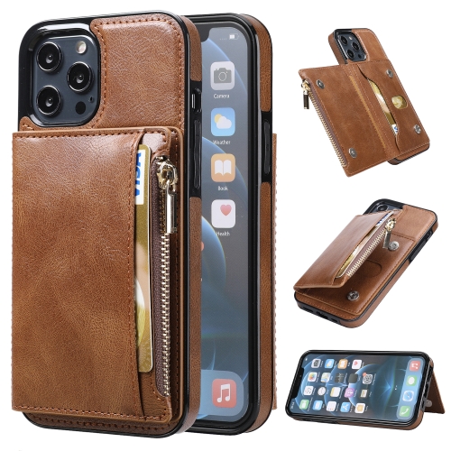 

Zipper Wallet Bag PU Back Cover Shockrpoof Phone Case with Holder & Card Slots & Wallet For iPhone 13 Pro(Brown)