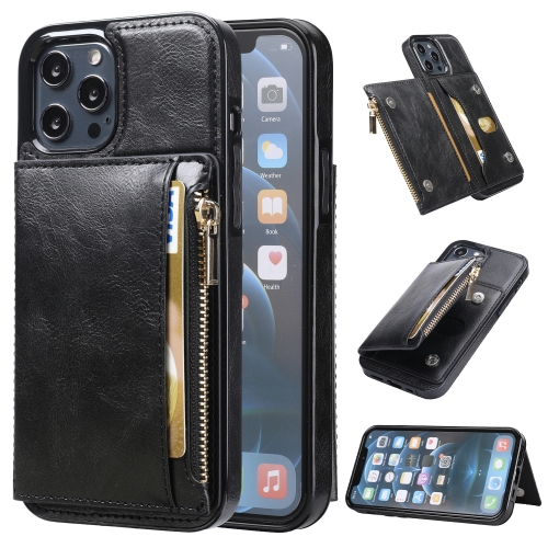 

Zipper Wallet Bag PU Back Cover Shockrpoof Phone Case with Holder & Card Slots & Wallet For iPhone 13 Pro Max(Black)