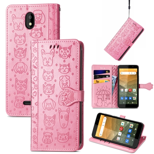 For Vodafone Smart E11 Cat and Dog Embossed Horizontal Flip Phone Leather Case with Holder & Card Slot & Wallet & Lanyard(Pink)