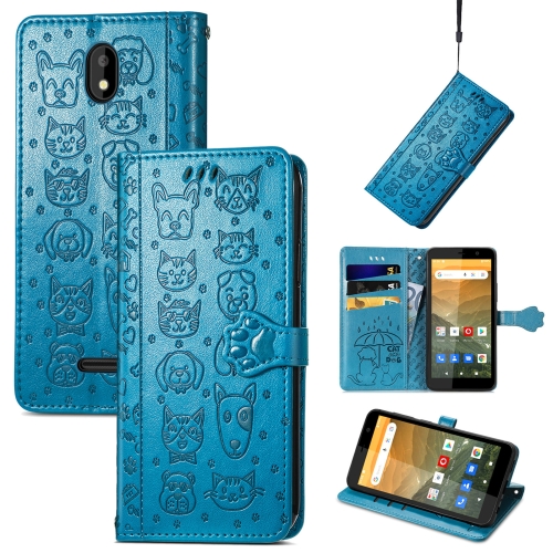 For Vodafone Smart E11 Cat and Dog Embossed Horizontal Flip Phone Leather Case with Holder & Card Slot & Wallet & Lanyard(Blue)