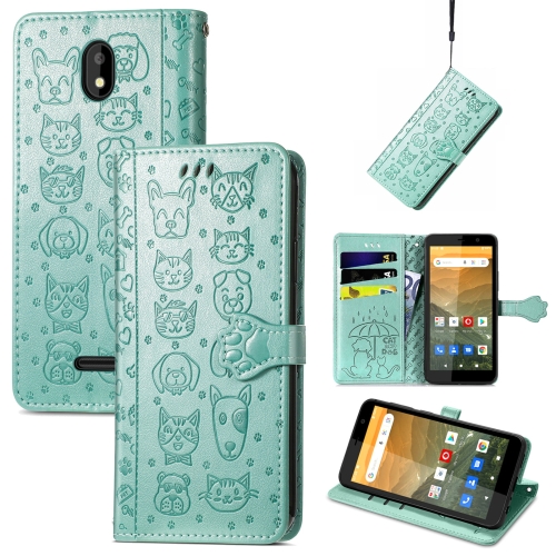 For Vodafone Smart E11 Cat and Dog Embossed Horizontal Flip Phone Leather Case with Holder & Card Slot & Wallet & Lanyard(Green)