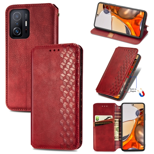 

For Xiaomi Mi 11T / Mi 11T Pro Cubic Grid Pressed Horizontal Flip Magnetic Leather Case with Holder & Card Slots & Wallet(Red)