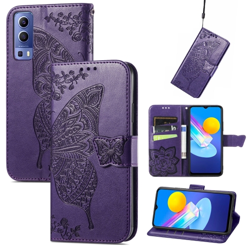 

For vivo Y72 5G Butterfly Love Flowers Embossed Horizontal Flip Leather Case with Holder & Card Slots & Wallet & Lanyard(Dark Purple)