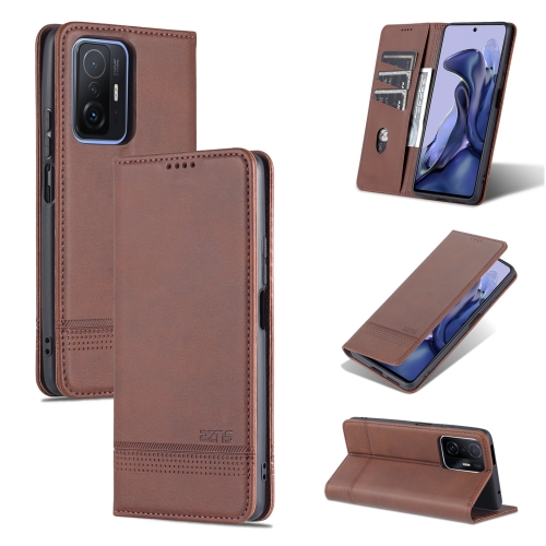 

For Xiaomi Mi 11T / 11T Pro AZNS Magnetic Calf Texture Horizontal Flip Phone Leather Case(Dark Brown)