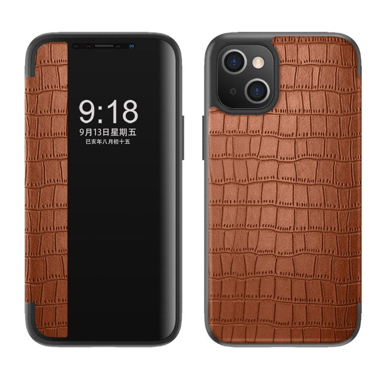 

Crocodile Texture Windows View Horizontal Flip Leather Case For iPhone 13(Brown)