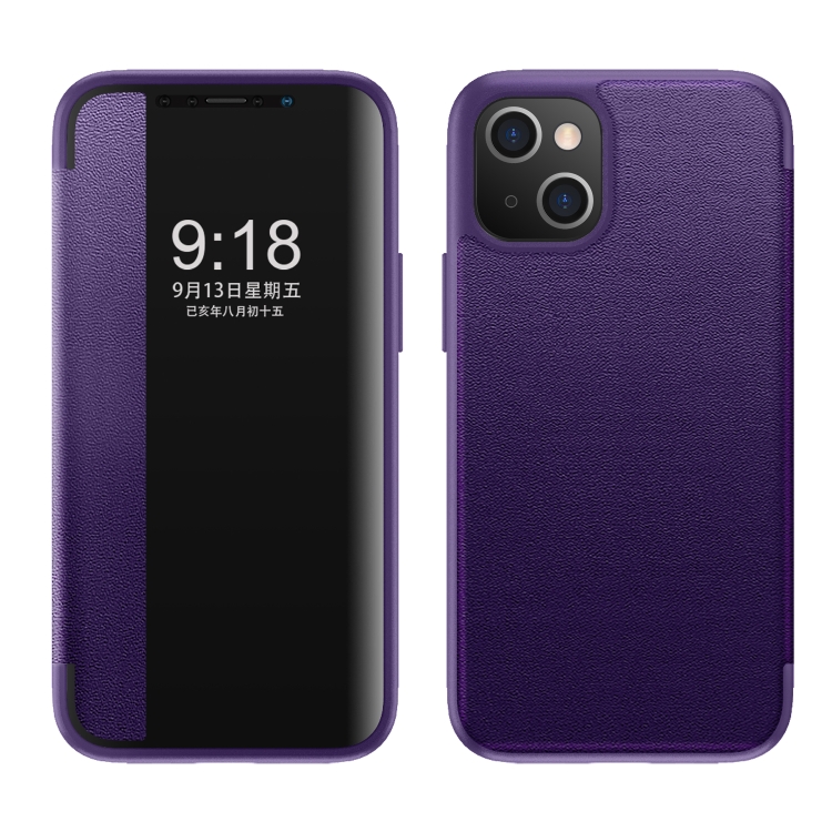 

Magnetic Side Window View Shockproof Horizontal Flip Leather Case For iPhone 13(Purple)