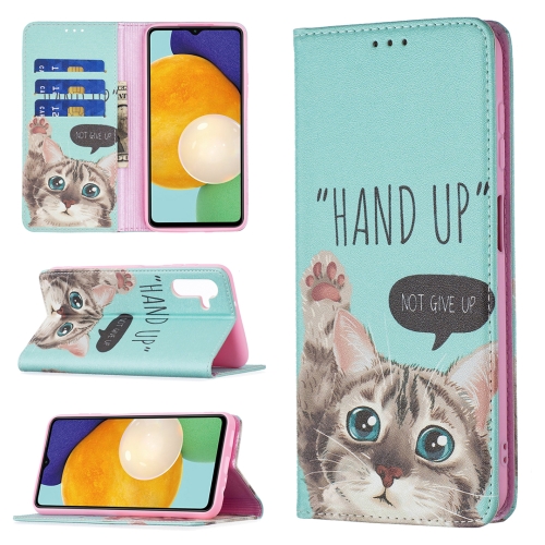 

For Samsung Galaxy A13 5G Colored Drawing Pattern Invisible Magnetic Horizontal Flip Phone Leather Case with Holder & Card Slots & Wallet(Cat)