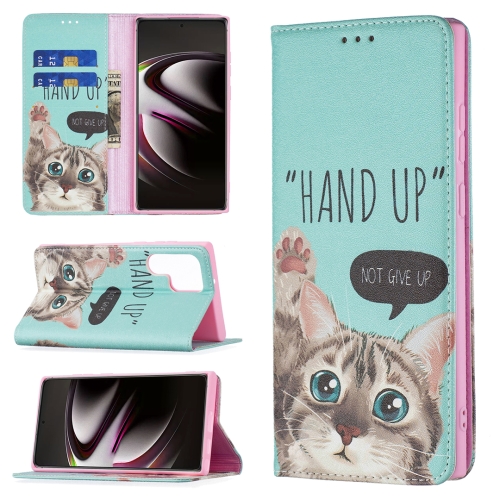 

For Samsung Galaxy S22 Ultra 5G Colored Drawing Pattern Invisible Magnetic Horizontal Flip Phone Leather Case with Holder & Card Slots & Wallet(Cat)