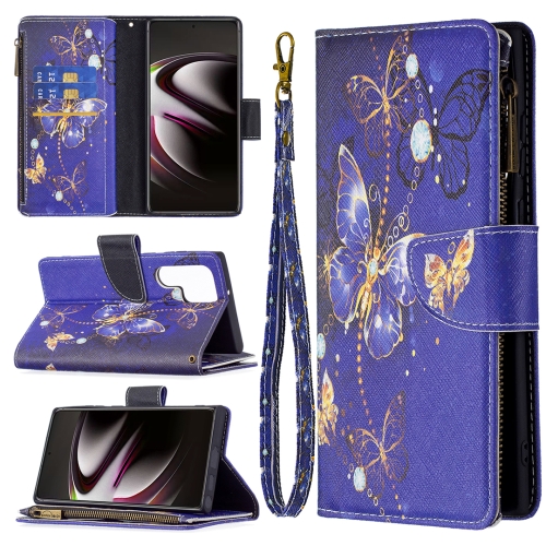 

For Samsung Galaxy S22 Ultra 5G Colored Drawing Pattern Zipper Horizontal Flip Phone Leather Case with Holder & Card Slots & Wallet(Purple Butterfly)