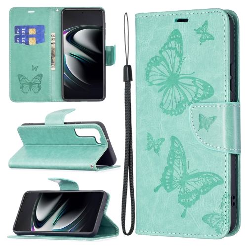 

For Samsung Galaxy S22 Ultra 5G Embossing Two Butterflies Pattern Leather Phone Case with Holder & Card Slot & Wallet & Lanyard(Green)