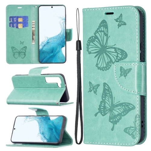 

For Samsung Galaxy S22 5G Embossing Two Butterflies Pattern Leather Phone Case with Holder & Card Slot & Wallet & Lanyard(Green)