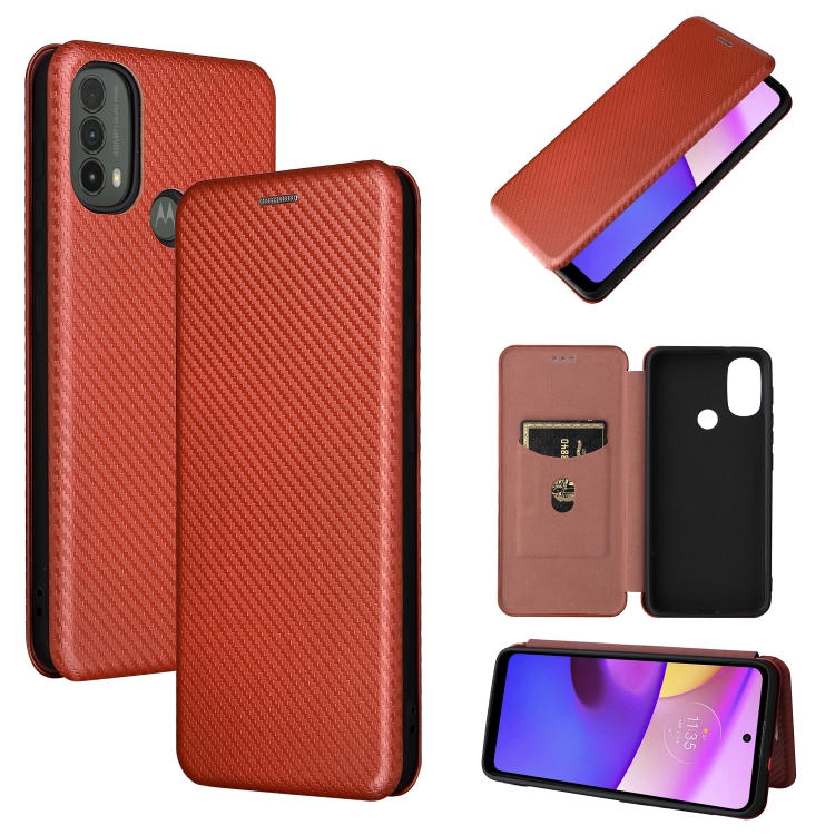 

For Motorola Moto E20 / E30 / E40 Carbon Fiber Texture Magnetic Horizontal Flip Leather Phone Case with Card Slot(Brown)