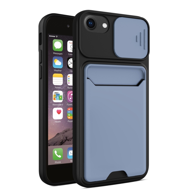 

Sliding Camera Cover Design TPU + PC Shockproof Phone Case with Card Slot For iPhone 6(Lavender Grey)