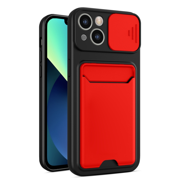 

Sliding Camera Cover Design TPU + PC Shockproof Phone Case with Card Slot For iPhone 13(Red)