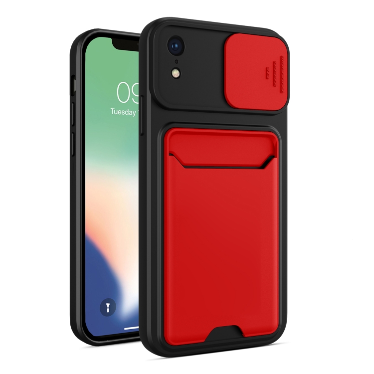 

Sliding Camera Cover Design TPU + PC Shockproof Phone Case with Card Slot For iPhone XR(Red)