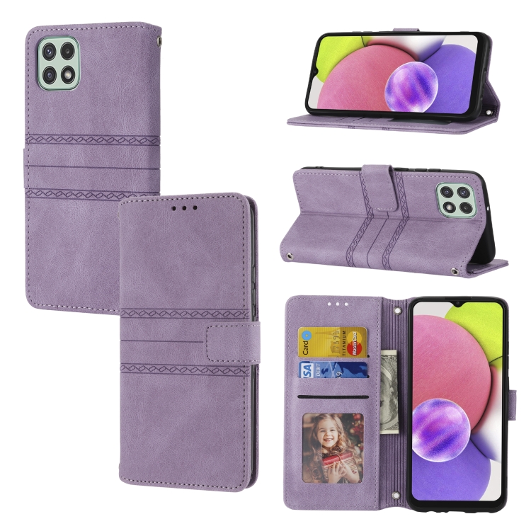 

For Samsung Galaxy A03 International Version Embossed Striped Magnetic Buckle Horizontal Flip Phone Leather Case(Purple)