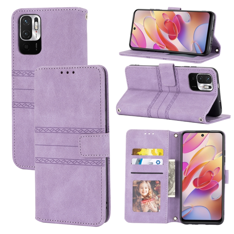 

For Xiaomi Redmi Note 11 Embossed Striped Magnetic Buckle Horizontal Flip Phone Leather Case(Purple)