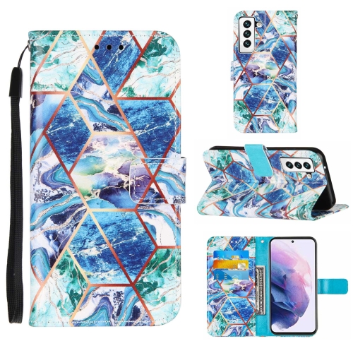 

For Samsung Galaxy S22+ 5G Marble Stitching Horizontal Flip Leather Phone Case with Holder & Card Slots & Wallet & Lanyard(Blue Green)