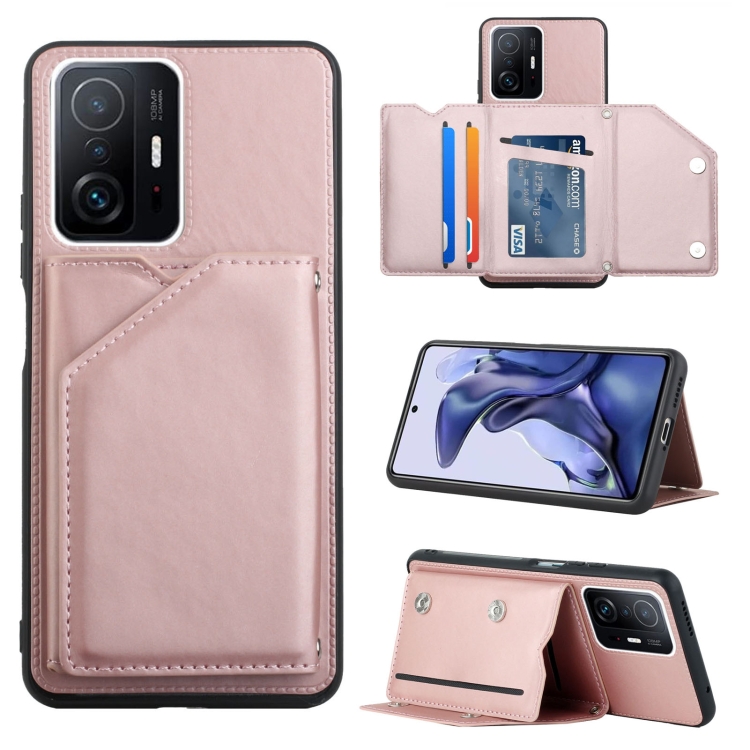 

For Xiaomi Mi 11T / Mi 11 Pro Skin Feel PU + TPU + PC Back Cover Shockproof Phone Case with Card Slots & Holder & Photo Frame(Rose Gold)