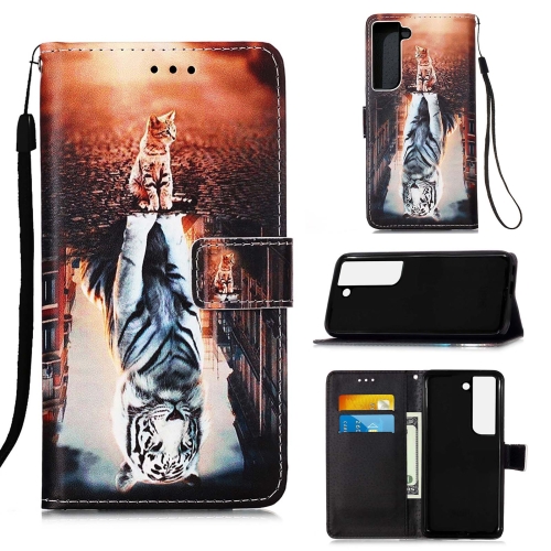

For Samsung Galaxy S22+ 5G Colored Drawing Pattern Plain Weave Leather Phone Case with Holder & Card Slot & Wallet & Lanyard(Cat and Tiger)