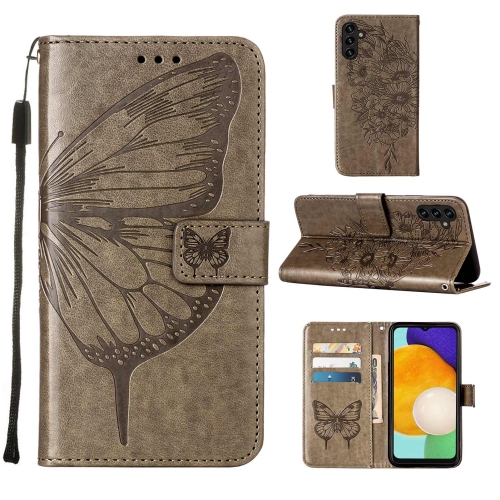 

For Samsung Galaxy A13 5G Embossed Butterfly Leather Phone Case with Holder & Card Slot & Wallet & Lanyard(Grey)