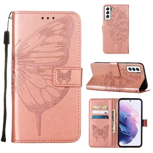 

For Samsung Galaxy S22 5G Embossed Butterfly Leather Phone Case with Holder & Card Slot & Wallet & Lanyard(Rose Gold)