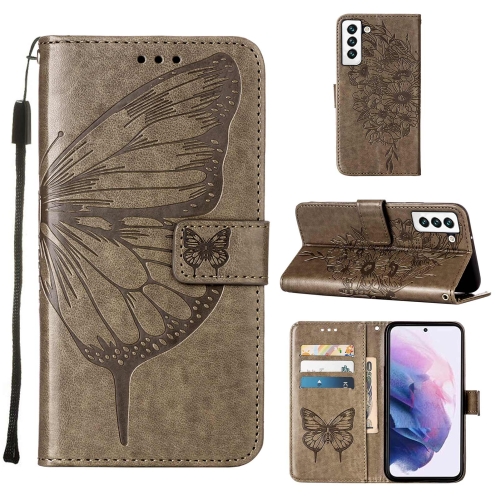 

For Samsung Galaxy S22 5G Embossed Butterfly Leather Phone Case with Holder & Card Slot & Wallet & Lanyard(Grey)
