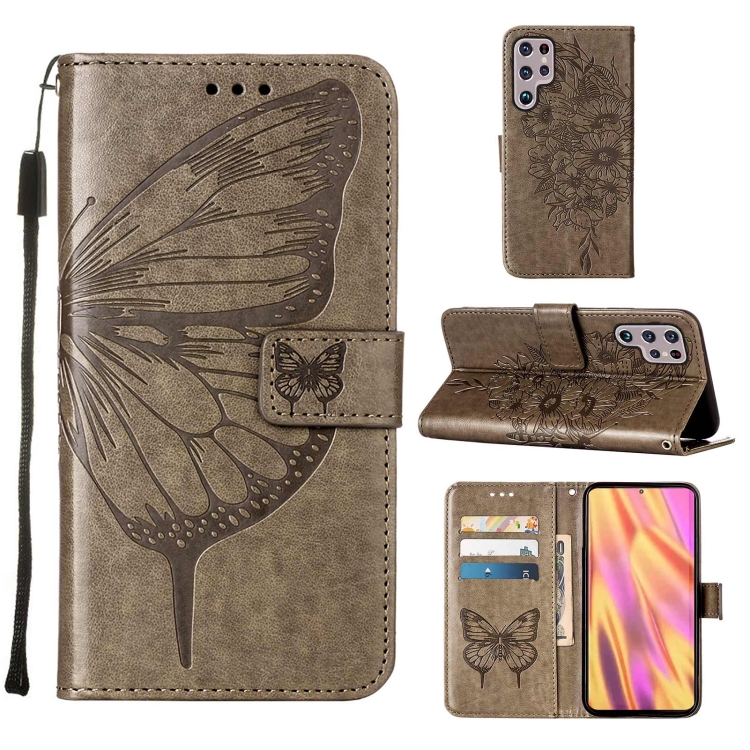 

For Samsung Galaxy S22 Ultra 5G Embossed Butterfly Leather Phone Case with Holder & Card Slot & Wallet & Lanyard(Grey)