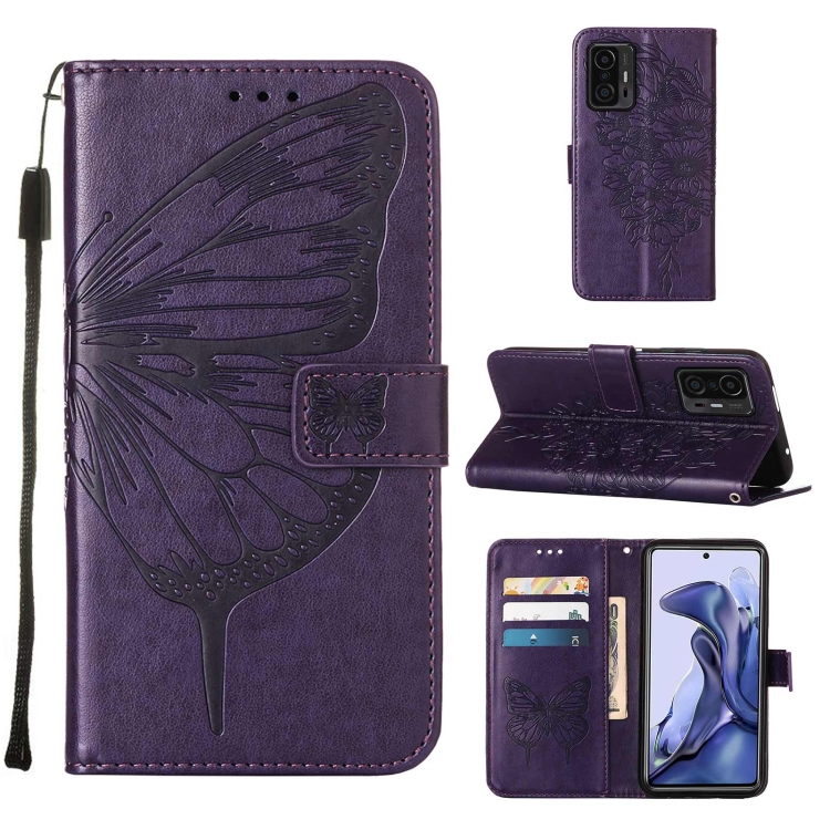 

For Xiaomi Mi 11T 5G / 11T Pro 5G Embossed Butterfly Leather Phone Case with Holder & Card Slot & Wallet & Lanyard(Dark Purple)