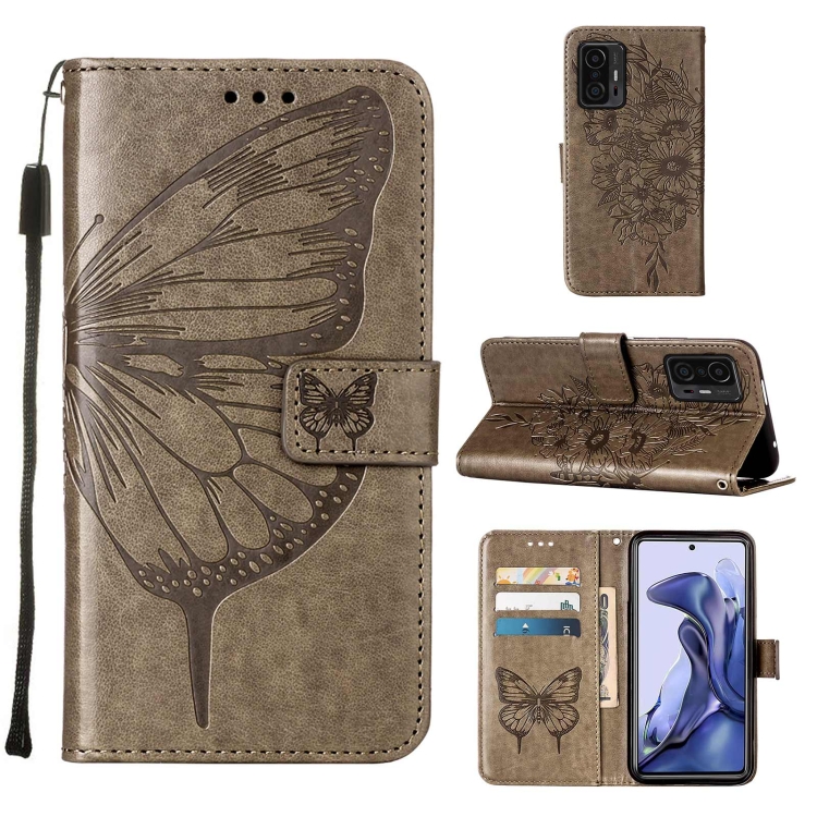 

For Xiaomi Mi 11T 5G / 11T Pro 5G Embossed Butterfly Leather Phone Case with Holder & Card Slot & Wallet & Lanyard(Grey)
