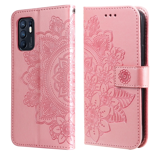 

For OPPO Reno6 4G 7-petal Flowers Embossed Flip Leather Phone Case with Holder & Card Slots(Rose Gold)