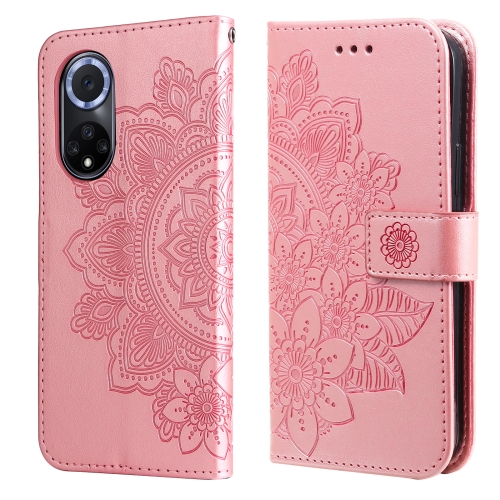 

For Huawei nova 9 / Honor 50 7-petal Flowers Embossed Flip Leather Phone Case with Holder & Card Slots(Rose Gold)