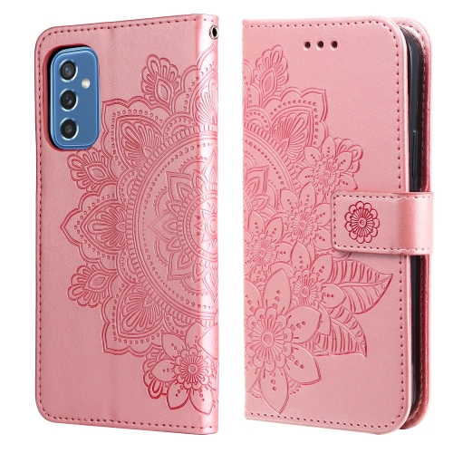 

For Samsung Galaxy M52 5G 7-petal Flowers Embossed Flip Leather Phone Case with Holder & Card Slots(Rose Gold)