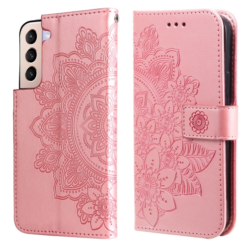 

For Samsung Galaxy S22 5G 7-petal Flowers Embossed Flip Leather Phone Case with Holder & Card Slots(Rose Gold)