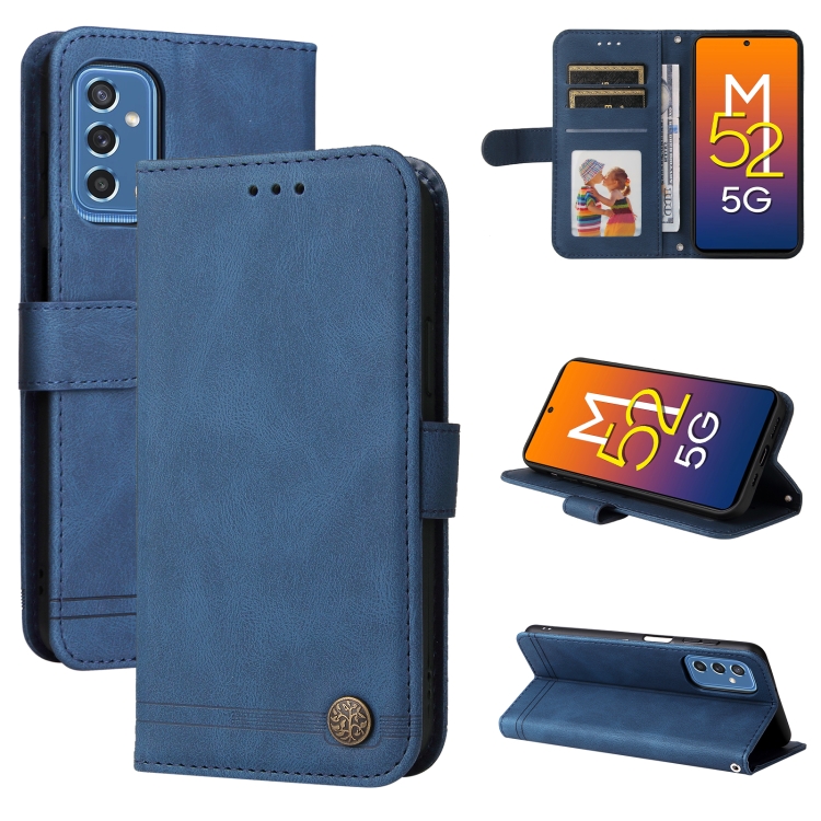 

For Samsung Galaxy M52 5G Skin Feel Life Tree Metal Button Horizontal Flip Leather Phone Case(Blue)