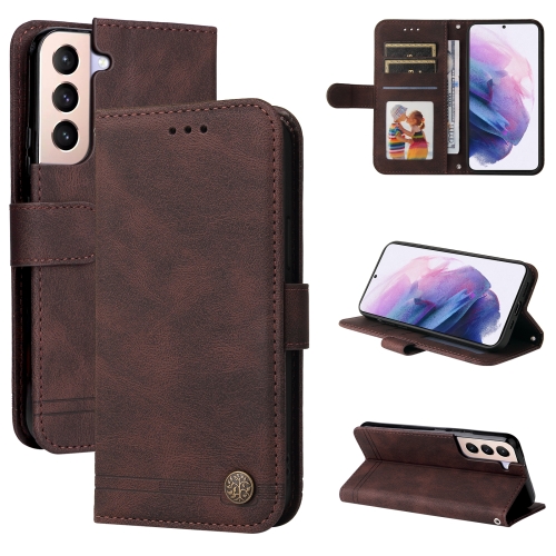 

For Samsung Galaxy S22 Skin Feel Life Tree Metal Button Horizontal Flip Leather Phone Case(Brown)