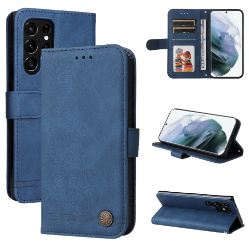 

For Samsung Galaxy S22 Ultra Skin Feel Life Tree Metal Button Horizontal Flip Leather Phone Case(Blue)