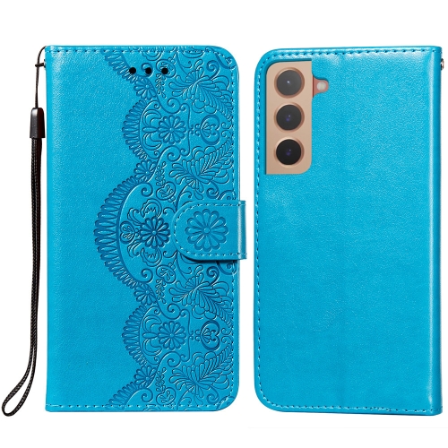 

For Samsung Galaxy S22 5G Flower Vine Embossing Pattern Horizontal Flip Leather Phone Case with Card Slot & Holder & Wallet & Lanyard(Blue)