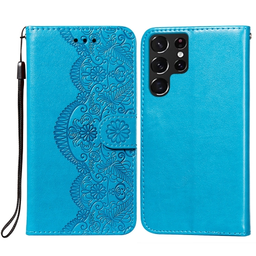 

For Samsung Galaxy S22 Ultra 5G Flower Vine Embossing Pattern Horizontal Flip Leather Phone Case with Card Slot & Holder & Wallet & Lanyard(Blue)