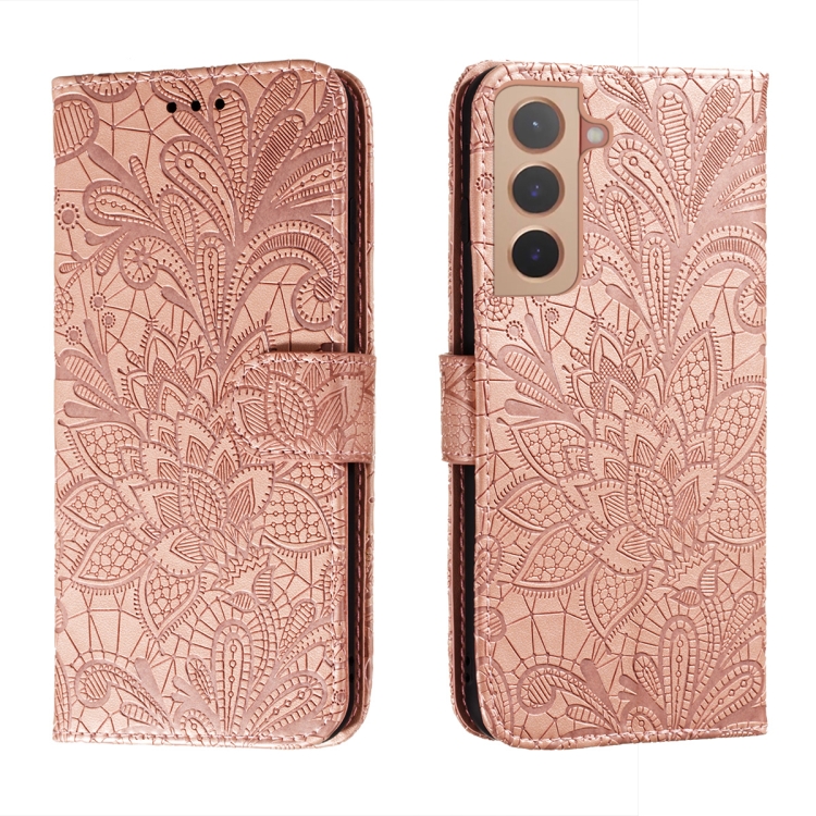 

For Samsung Galaxy S22 5G Lace Flower Leather Phone Case with Holder & Card Slots & Wallet & Photo Frame(Rose Gold)