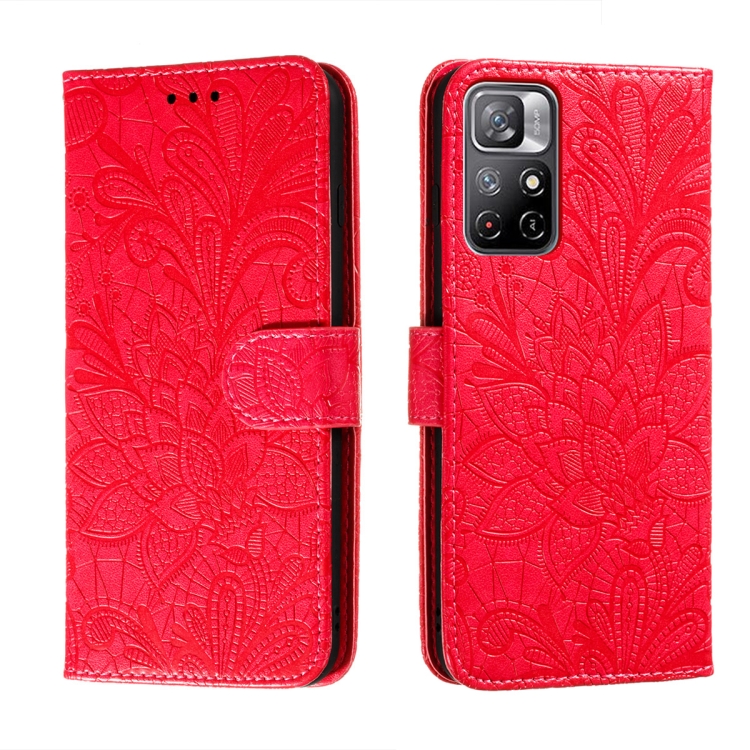 

For Xiaomi Redmi Note 11 Lace Flower Leather Phone Case with Holder & Card Slots & Wallet & Photo Frame(Red)