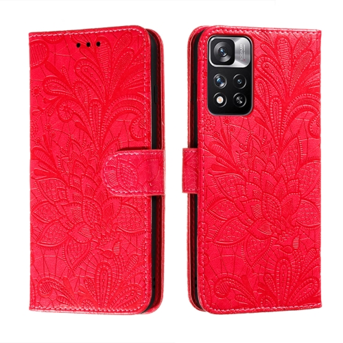 

For Xiaomi Redmi Note 11 Pro Lace Flower Leather Phone Case with Holder & Card Slots & Wallet & Photo Frame(Red)