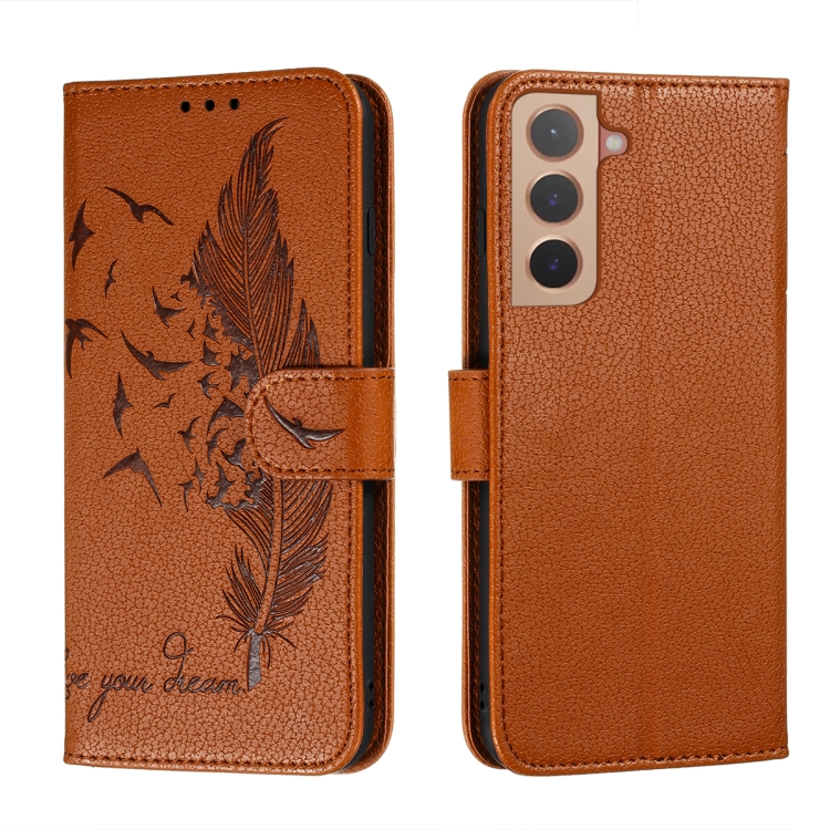 

For Samsung Galaxy S22 5G Feather Pattern Litchi Texture Leather Phone Case with Holder & Card Slots & Wallet(Brown)