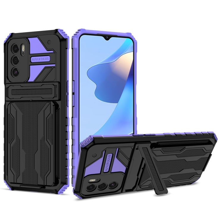 

For OPPO A16 Armor Card PC + TPU Shockproof Phone Case with Card Slot & Invisible Holder(Purple)