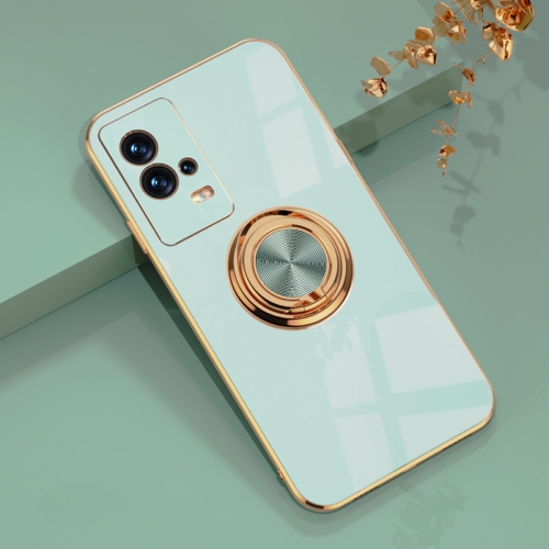 For vivo iQOO8 6D Electroplating Full Coverage Silicone Protective Case with Magnetic Ring Holder(Light Cyan)