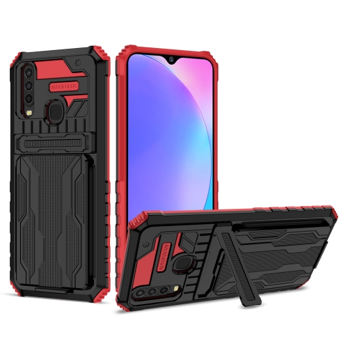 For vivo Y17 Armor Card PC + TPU Shockproof Phone Case with Card Slot & Invisible Holder(Red)