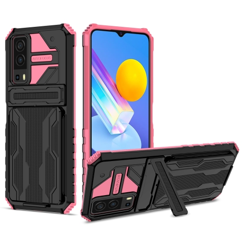 For vivo Y72 5G / Y53s Armor Card PC + TPU Shockproof Phone Case with Card Slot & Invisible Holder(Pink)