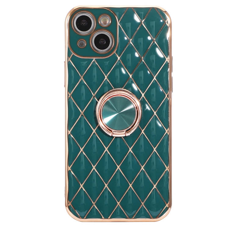 

Electroplating Lambskin Ring Holder Phone Case For iPhone 13 Pro Max(Dark Green)