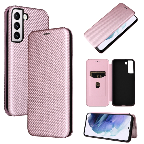 For Samsung Galaxy S22+ Carbon Fiber Texture Magnetic Horizontal Flip Leather Phone Case(Pink)