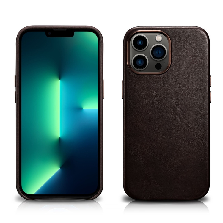 ICARER Oil Wax Texture MagSafe Magnetic Three-coverage Cowhide Phone Case For iPhone 13 Pro Max(Coffee)